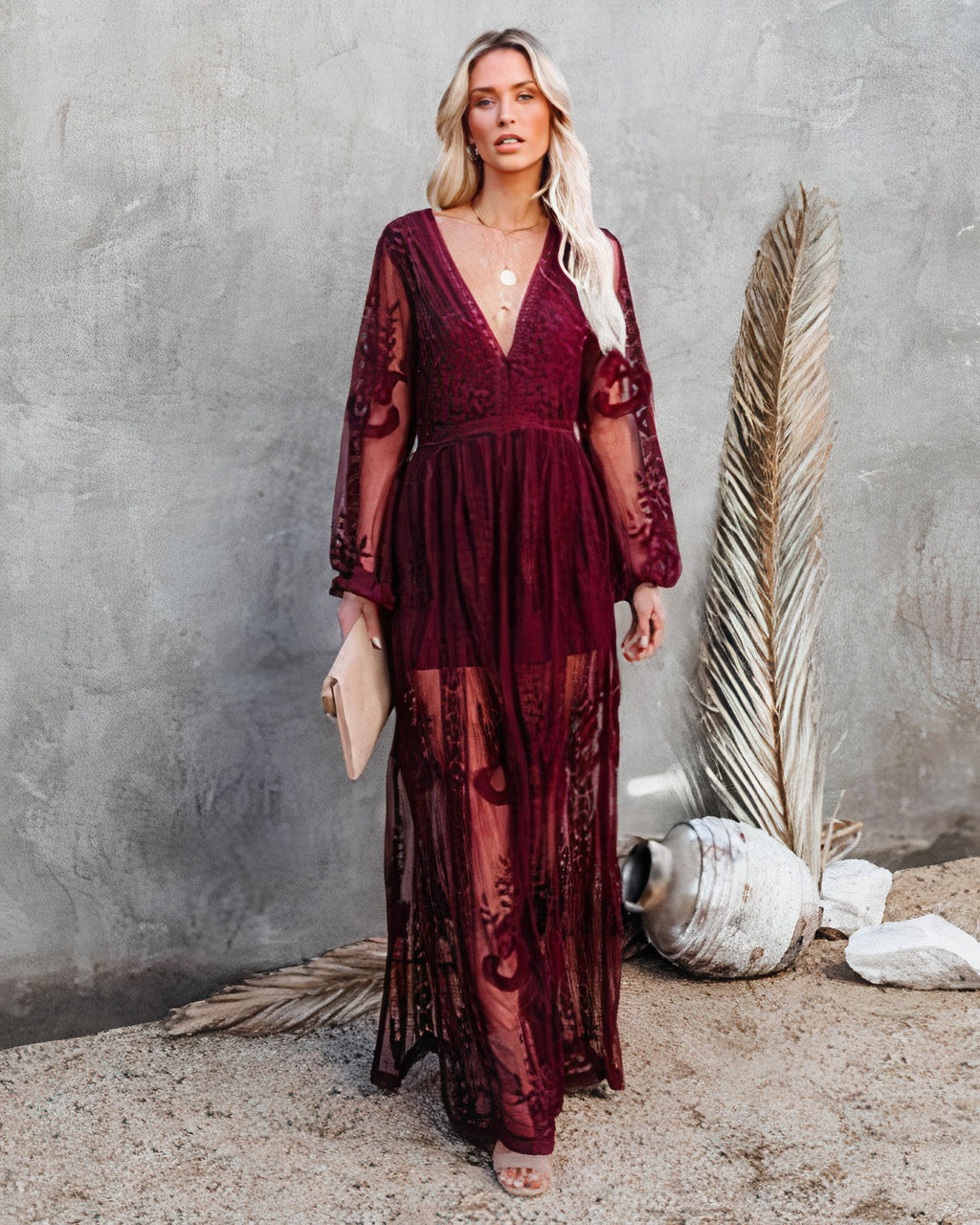Boho Maxi Dress Women's Lace Embroidered V-Neck Long Sleeve Side Slit Flowy Gown