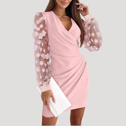 Robe portefeuille courte pour femme, manches transparentes et col en V