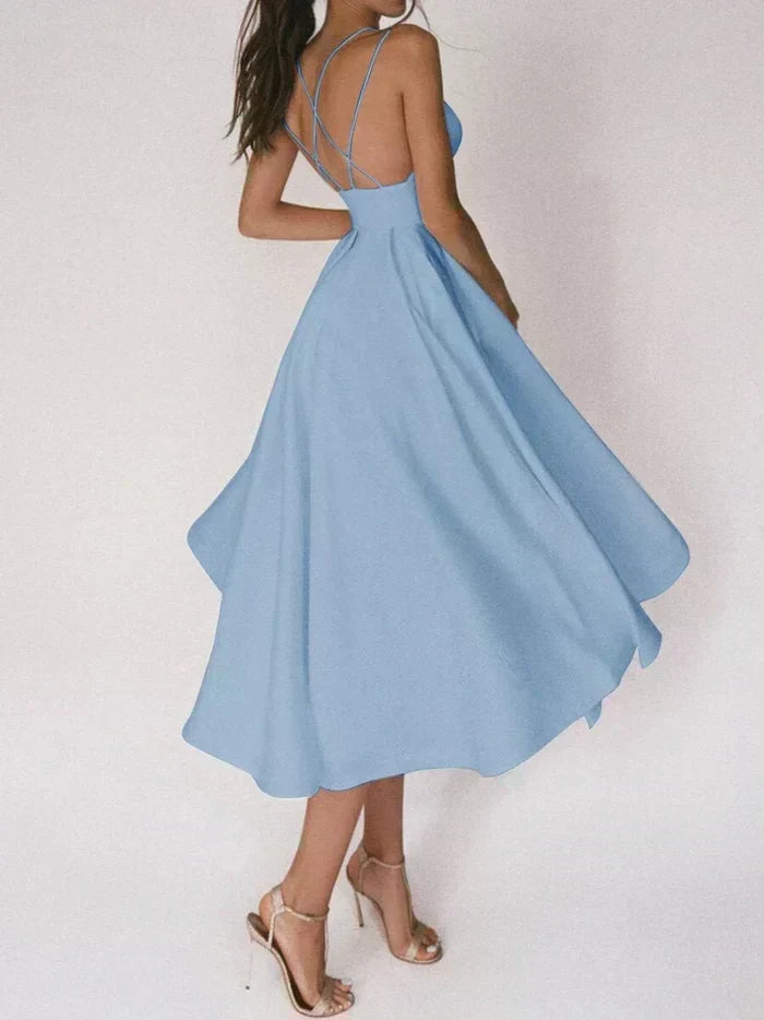 Women's Smooth V-Neck Mini Dress | Elegant Strappy Summer Cocktail Dress-Mykonostore-Blue-S-Mykonostore