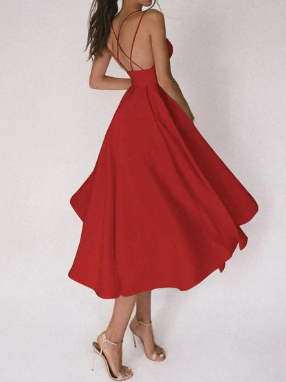 Women's Smooth V-Neck Mini Dress | Elegant Strappy Summer Cocktail Dress-Mykonostore-Red-S-Mykonostore