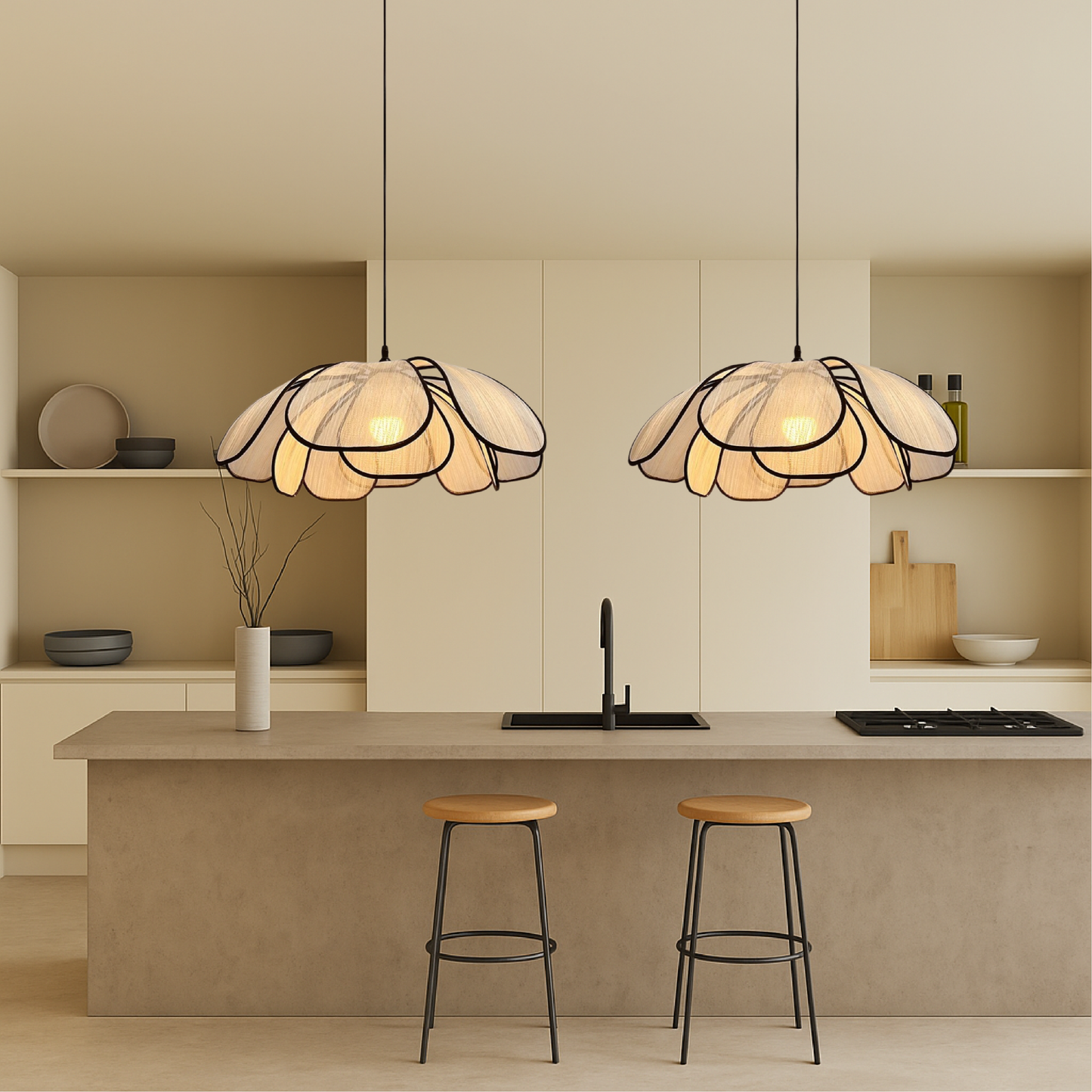 Wood Petal Pendant Light with Layered Shade