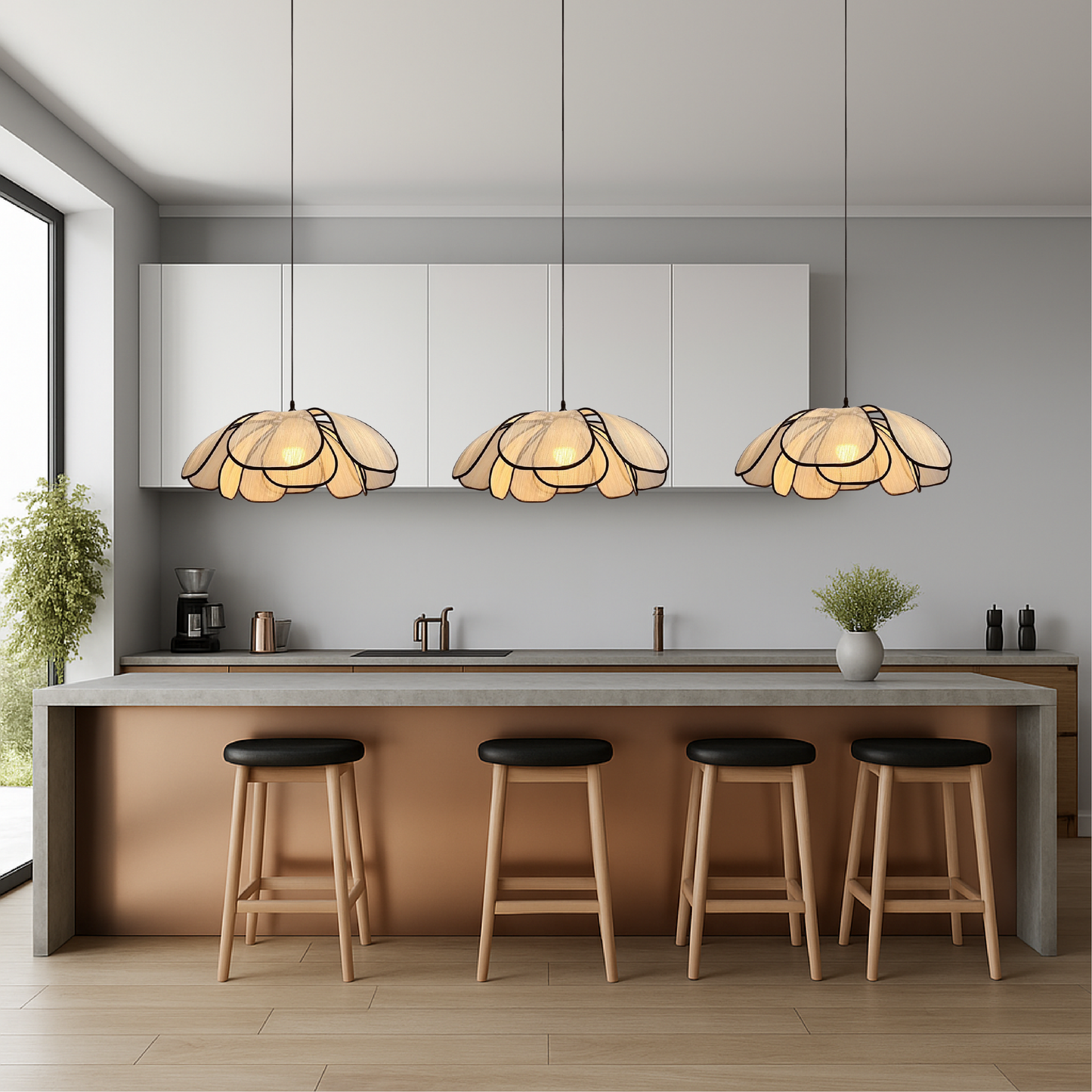 Wood Petal Pendant Light with Layered Shade