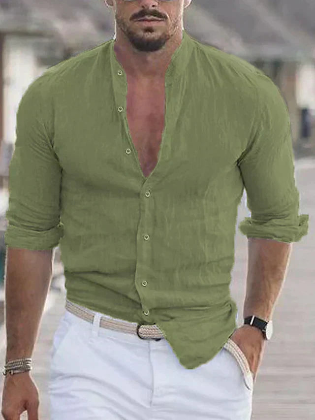 Reiner | Linen Mandarin Collar Button Shirt