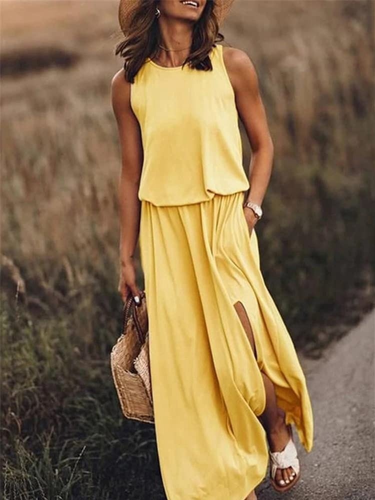 Kariela | Vestido maxi elegante para mujer con abertura lateral | Sin mangas
