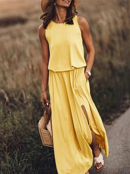 Kariela | Vestido maxi elegante para mujer con abertura lateral | Sin mangas
