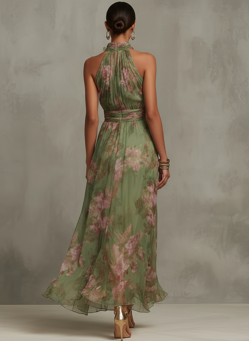 Serena ∙ Grünes Chiffon-Maxikleid mit Blumenprint und Neckholder-Ausschnitt