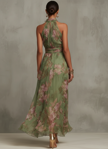 Serena ∙ Grünes Chiffon-Maxikleid mit Blumenprint und Neckholder-Ausschnitt