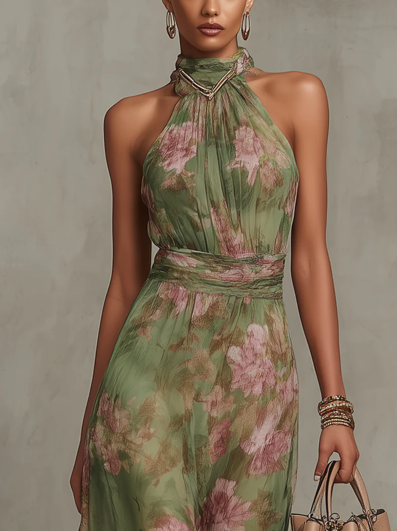 Serena ∙ Grünes Chiffon-Maxikleid mit Blumenprint und Neckholder-Ausschnitt