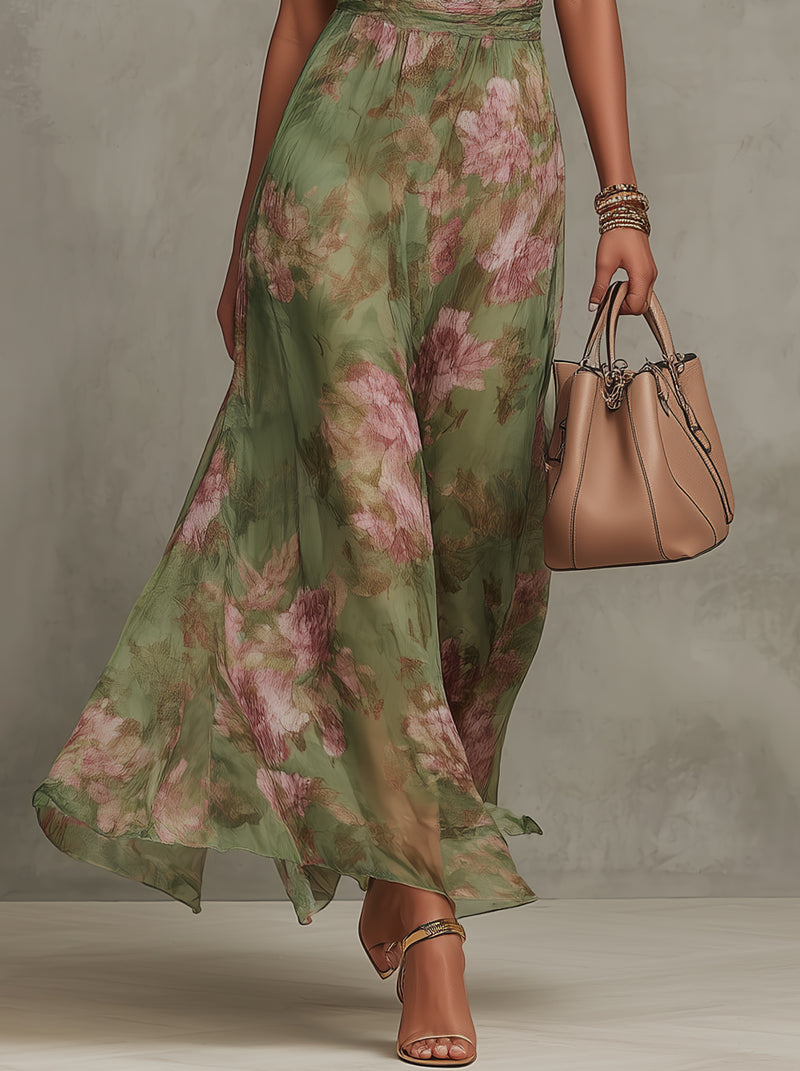 Serena ∙ Grünes Chiffon-Maxikleid mit Blumenprint und Neckholder-Ausschnitt