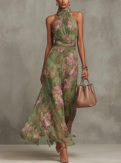 Serena ∙ Grünes Chiffon-Maxikleid mit Blumenprint und Neckholder-Ausschnitt