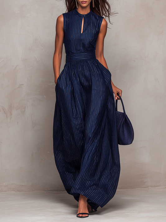 Jaslei | Dunkelblauer Jumpsuit mit feinen Streifen und weitem Bein