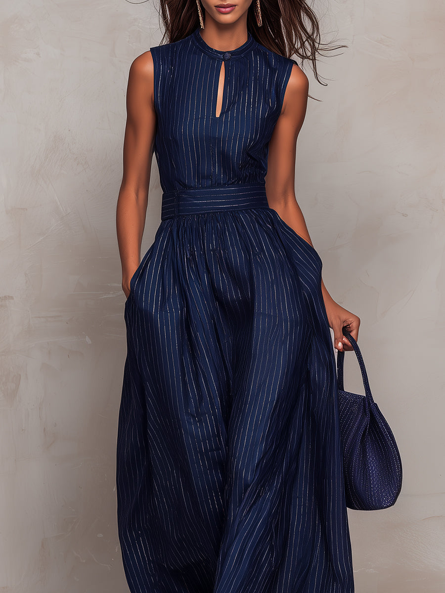 Jaslei | Dunkelblauer Jumpsuit mit feinen Streifen und weitem Bein