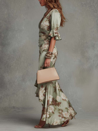 Anna | Long asymmetric green satin dress with a V-neckline