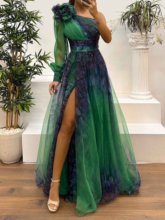 Maxi-Einkleid mit einseitigem Schulterdesign aus Strickware und abstraktem Farbabstufungsmuster