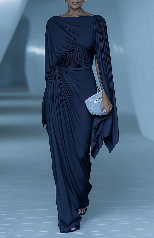 Elegant and sophisticated long pleated dress with dark blue cape