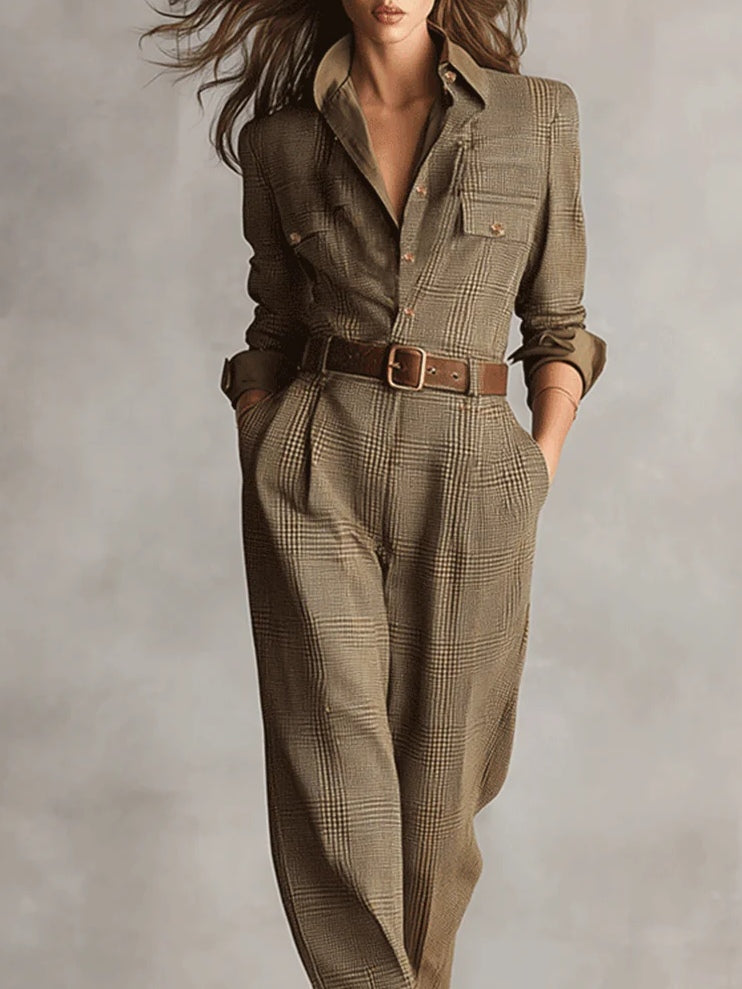Zoë | Refined tweed texture checked utility jumpsuit