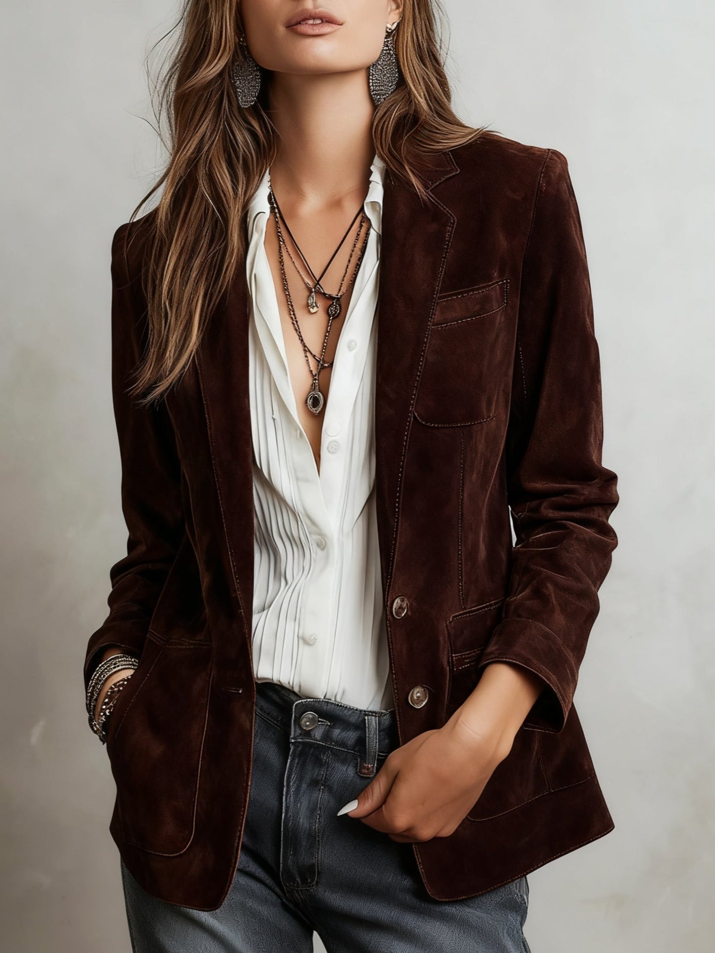 Viola – Jachetă vintage din suede cu cusături contrastante