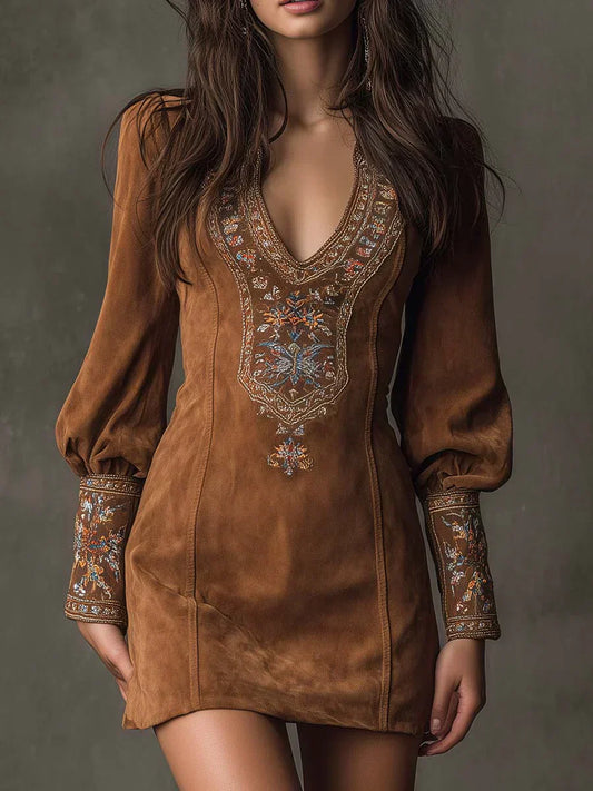 Gyana | Embroidered Mini Dress with Deep V-Neck