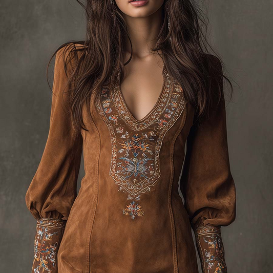 Damen-Minikleid aus Wildleder mit V-Ausschnitt und Stickerei