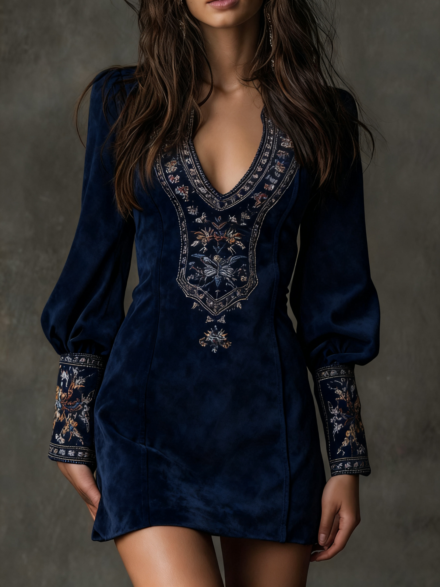 Lunori™ | Robe Mini Effet Suédé Brodée – Violet
