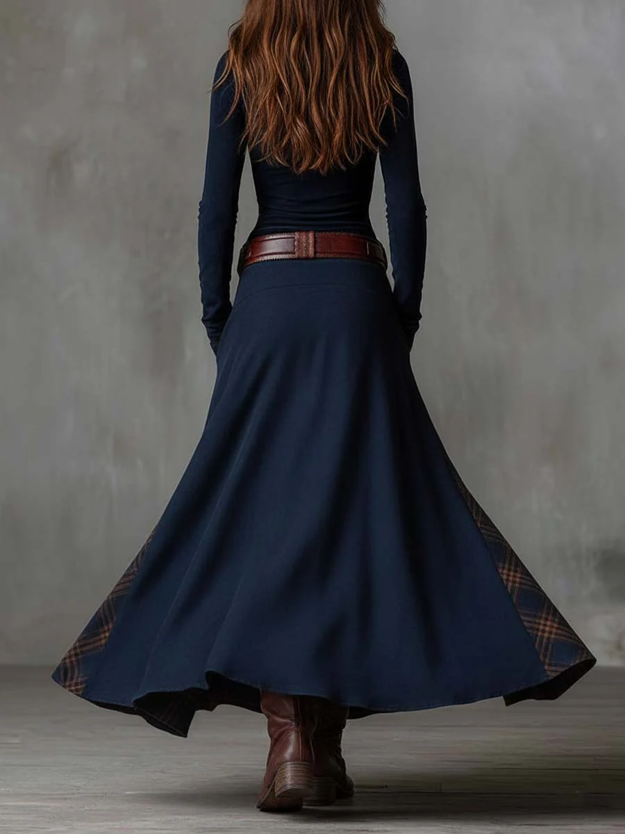 Leonora™ | Vintage Navy Blue Checked Suede Maxi Dress