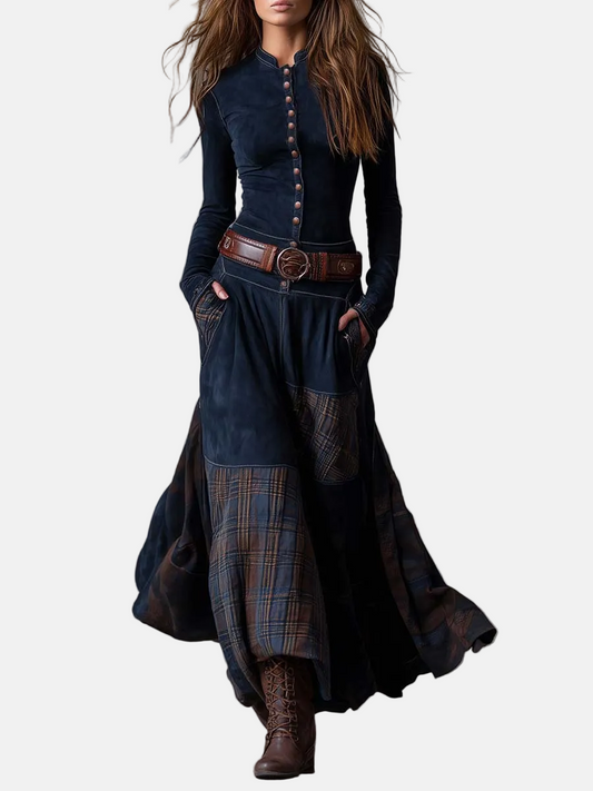 Leonora™ | Vintage Navy Blue Checked Suede Maxi Dress