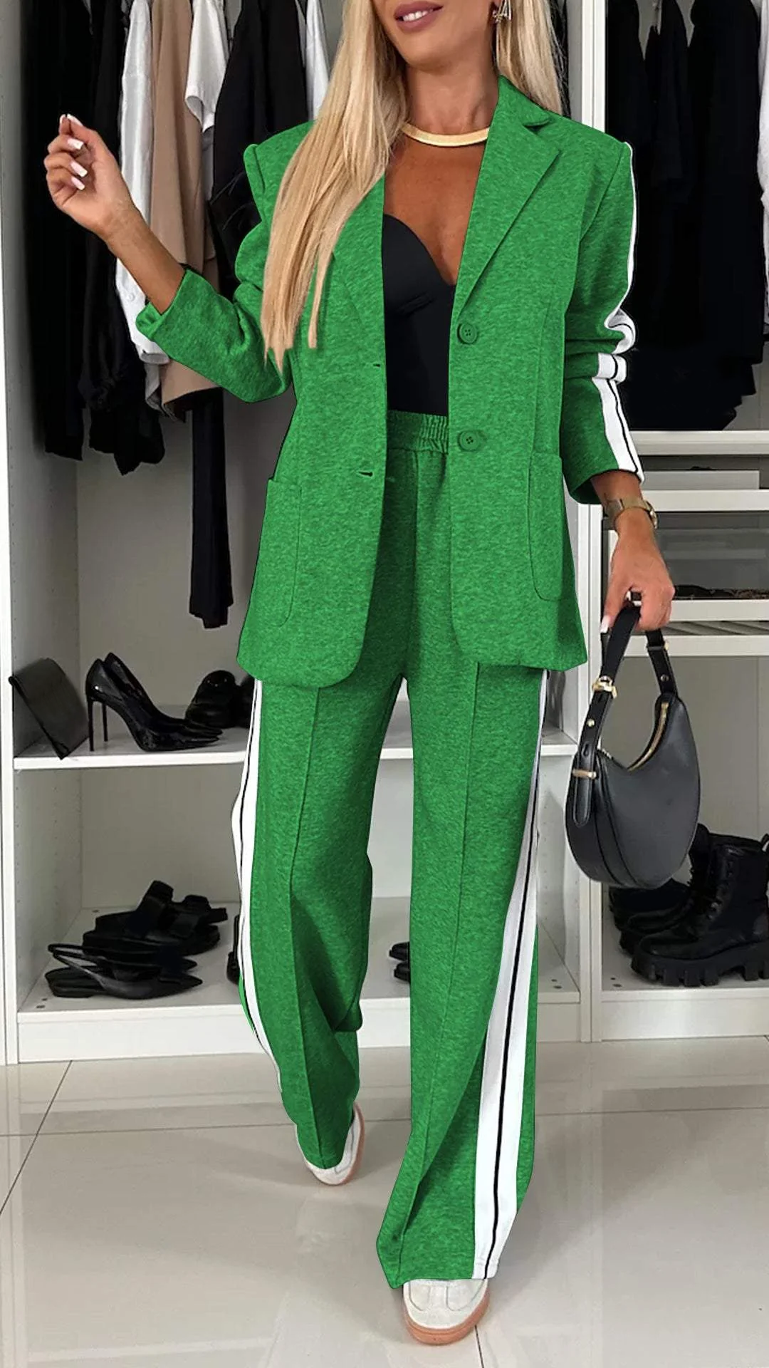 Ensemble Décontracté à Simple Boutonnage pour Femme – Veste Lâche à Rayures et Pantalon Large