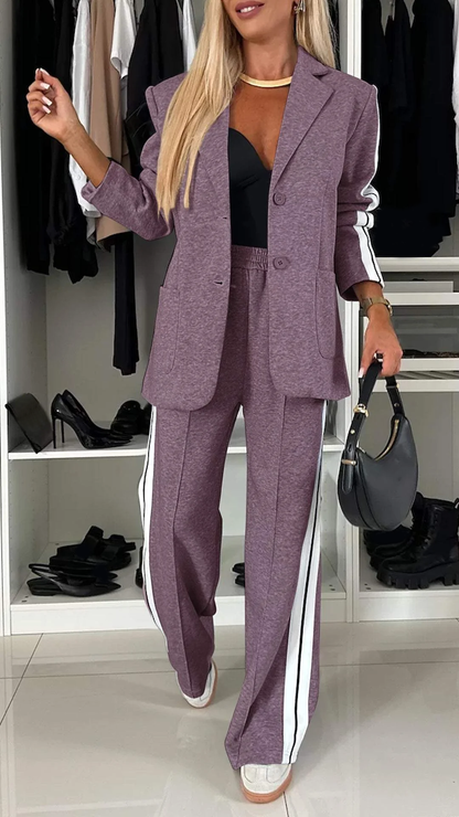 Ensemble Décontracté à Simple Boutonnage pour Femme – Veste Lâche à Rayures et Pantalon Large