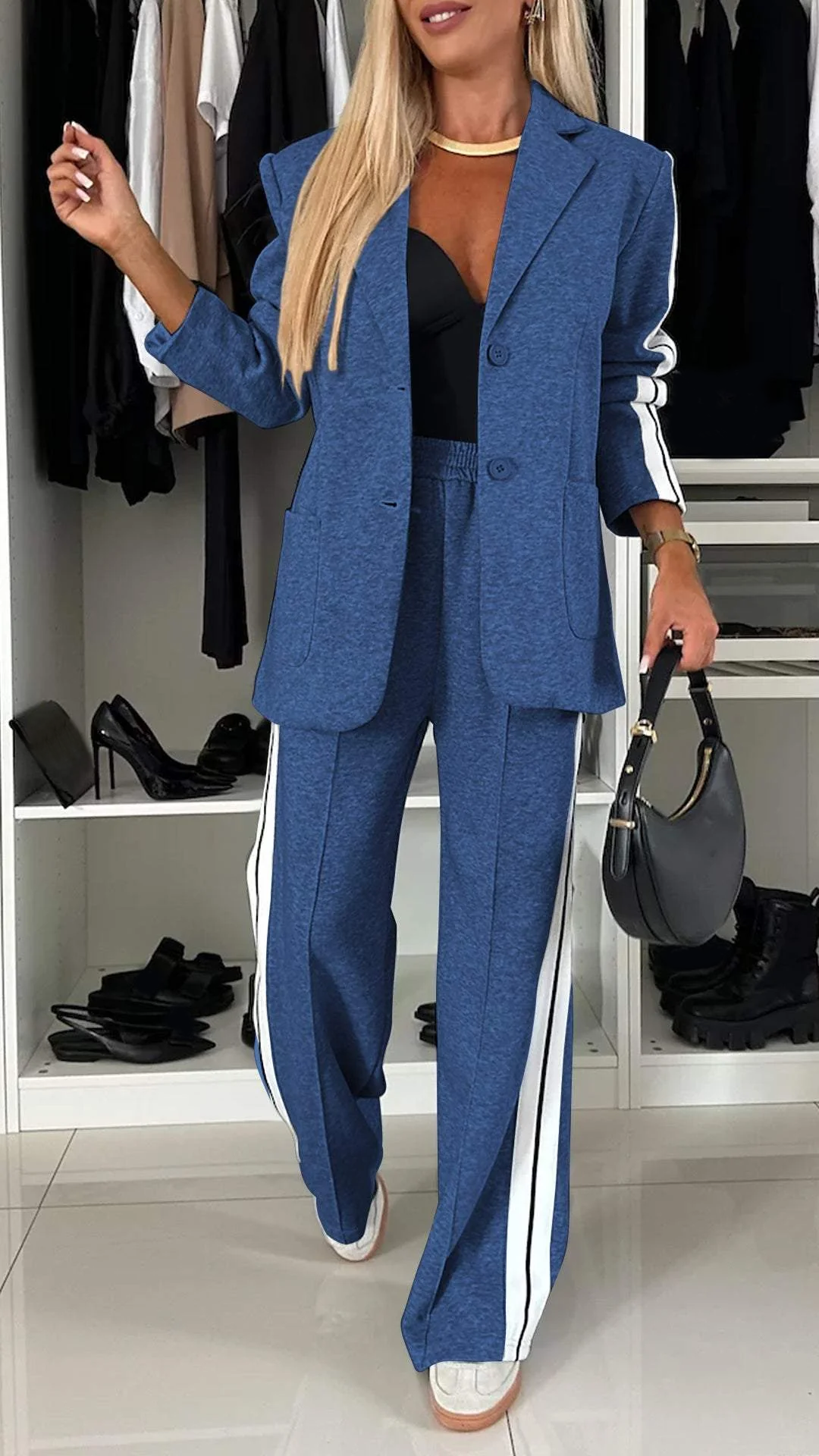Ensemble Décontracté à Simple Boutonnage pour Femme – Veste Lâche à Rayures et Pantalon Large