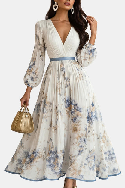 Yarael - V-Neck Pleated Chiffon Balloon Sleeve Floral Long Dress