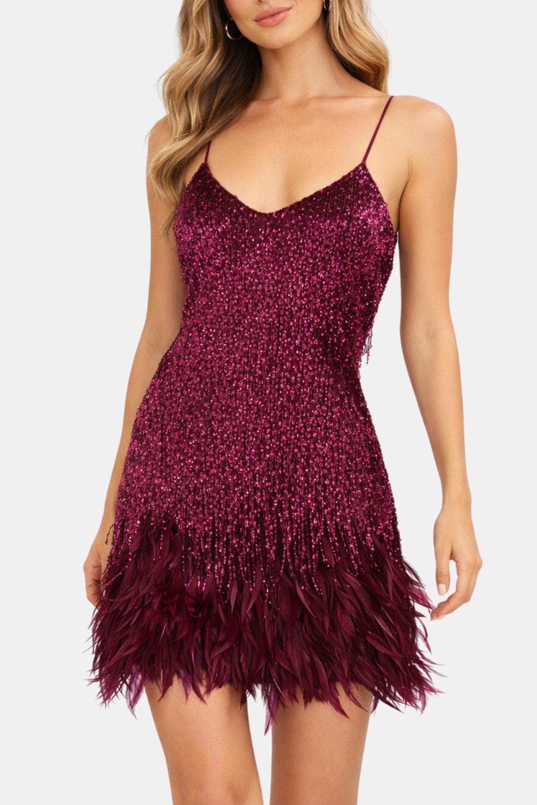 Yvette - Sequin Feather Hem Cocktail Dress