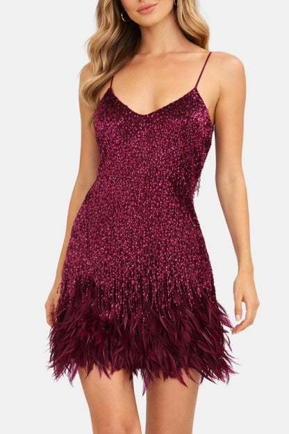 Yvette - Sequin Feather Hem Cocktail Dress