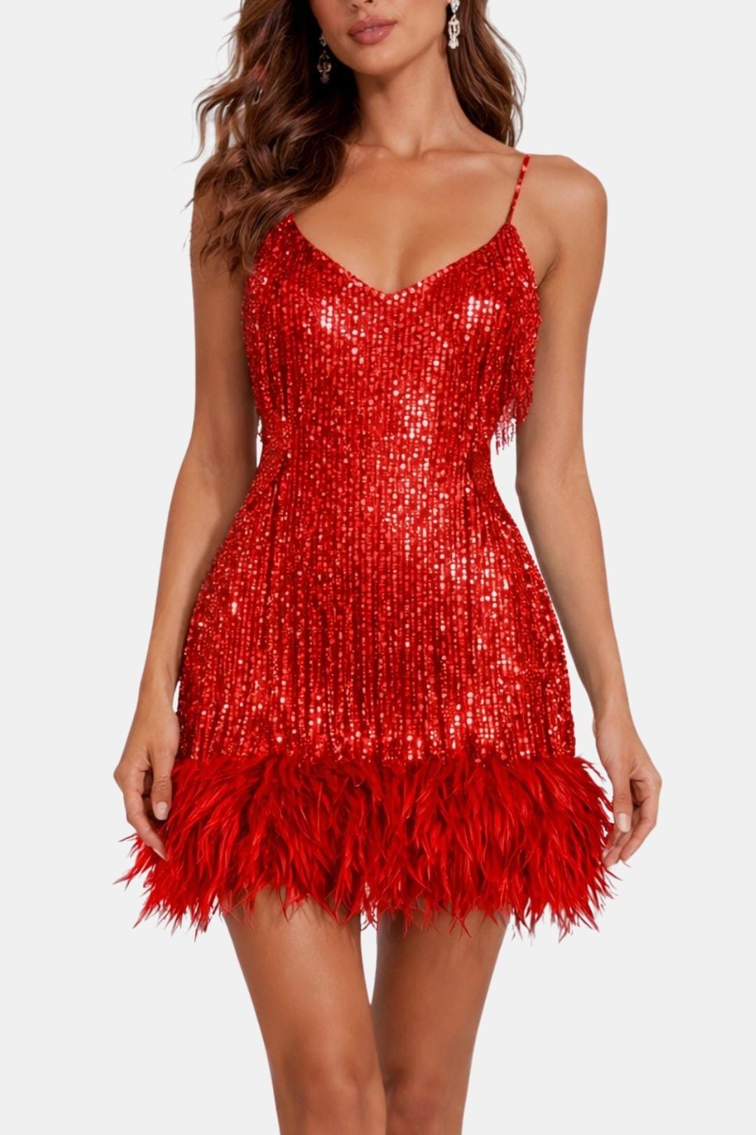 Yvette - Sequin Feather Hem Cocktail Dress