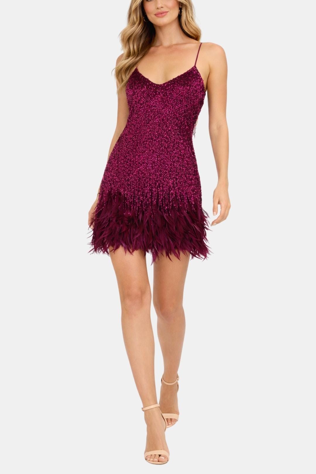Yvette - Sequin Feather Hem Cocktail Dress