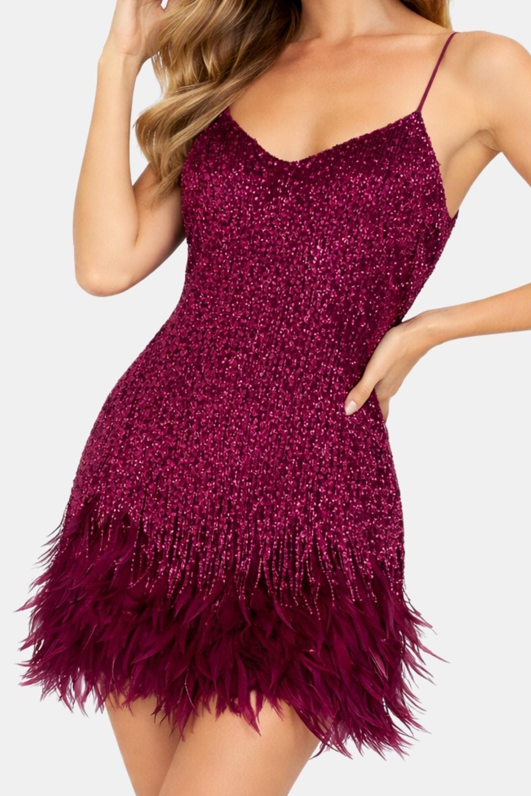 Yvette - Sequin Feather Hem Cocktail Dress
