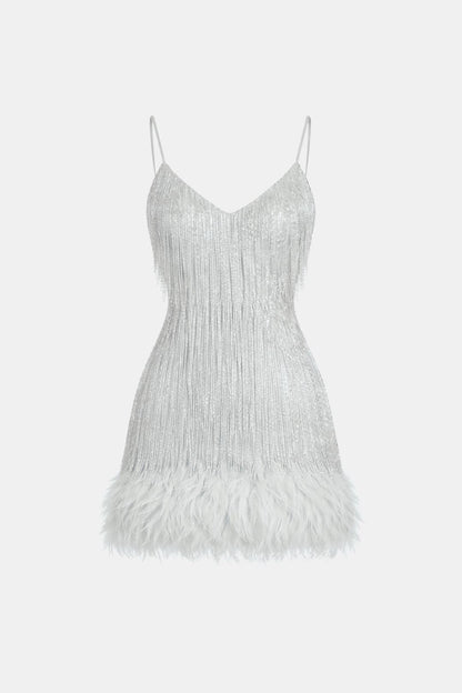 Yvette - Sequin Feather Hem Cocktail Dress