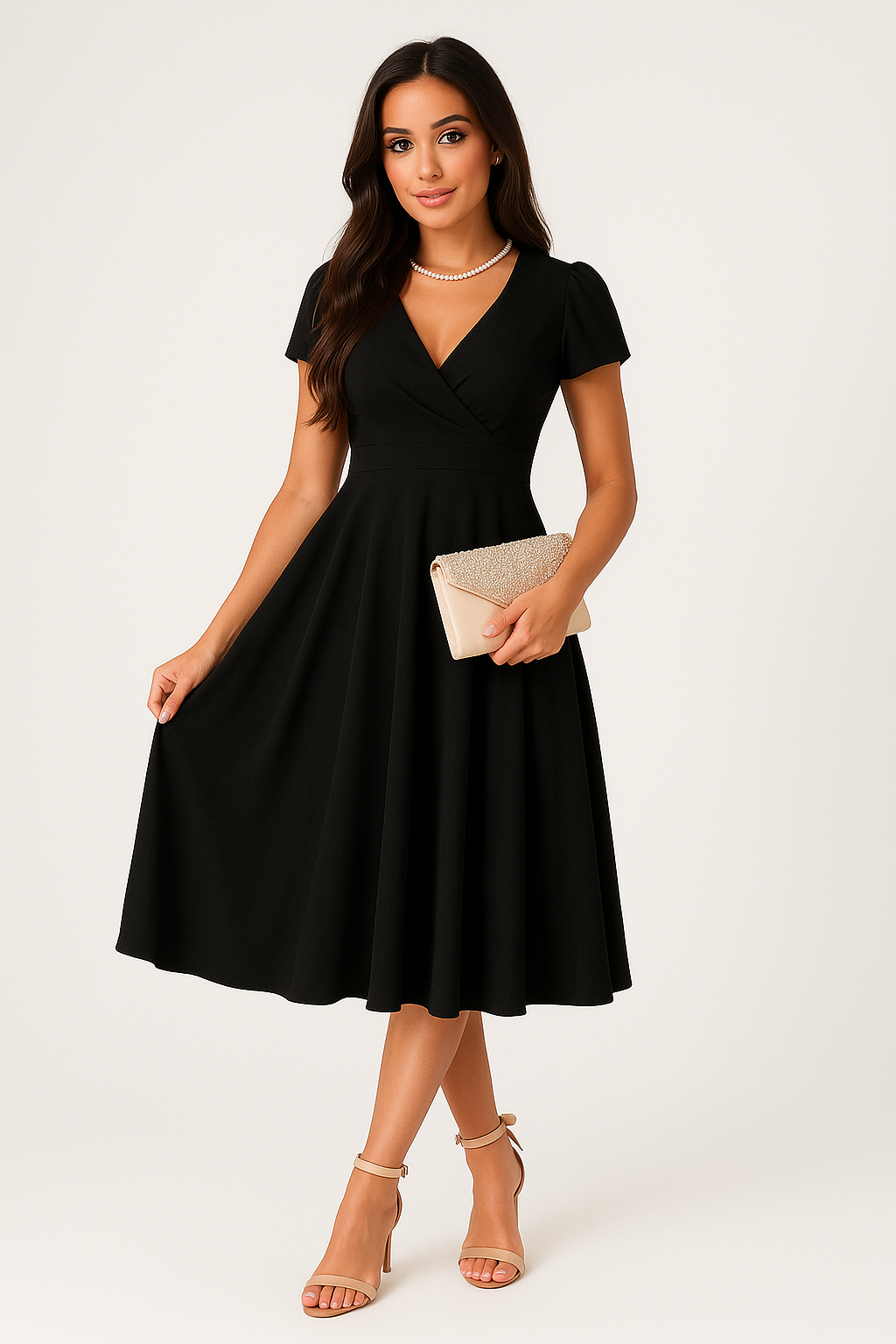Elegante abito midi plissettato da donna – Abito aderente con scollo a V e maniche corte