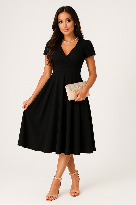 Elegante abito midi plissettato da donna – Abito aderente con scollo a V e maniche corte
