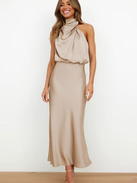 Women’s Elegant Summer Dress Halter Neck Silk Style Formal Occasion Evening Wear