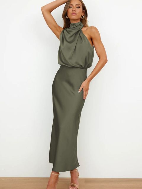 Women’s Elegant Summer Dress Halter Neck Silk Style Formal Occasion Evening Wear