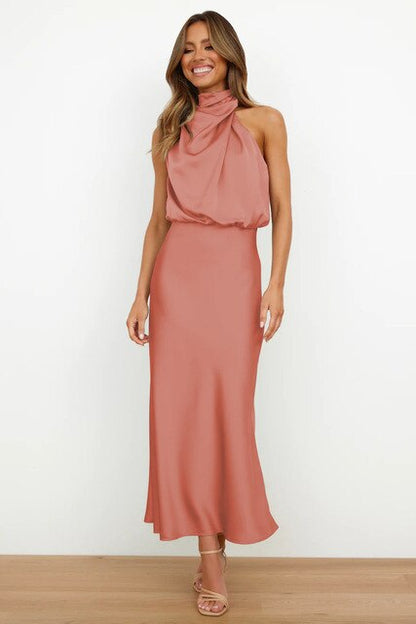 Women’s Elegant Summer Dress Halter Neck Silk Style Formal Occasion Evening Wear