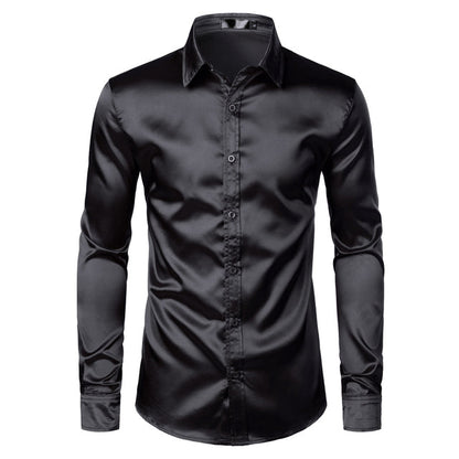Schwarzes Satinhemd für Herren, langärmelig, Slim Fit, elegant, Party-Mode.