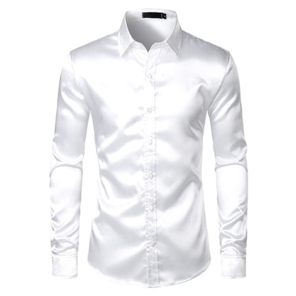 Weiße Satin-Hemd für Herren, langärmelig, Slim Fit, elegant, ideal für Partys.