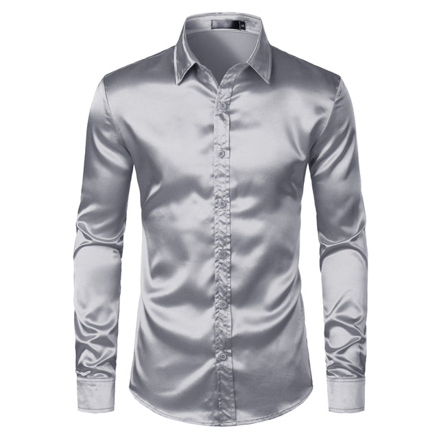 Silbernes Satinhemd für Herren, langärmelig, Slim Fit, elegantes Party-Outfit.