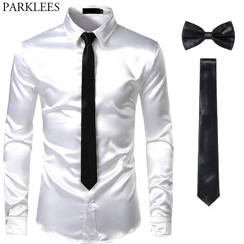 Weißes Satinhemd mit schwarzer Krawatte und Fliege, Herrenmode, Slim Fit, Party-Outfit.