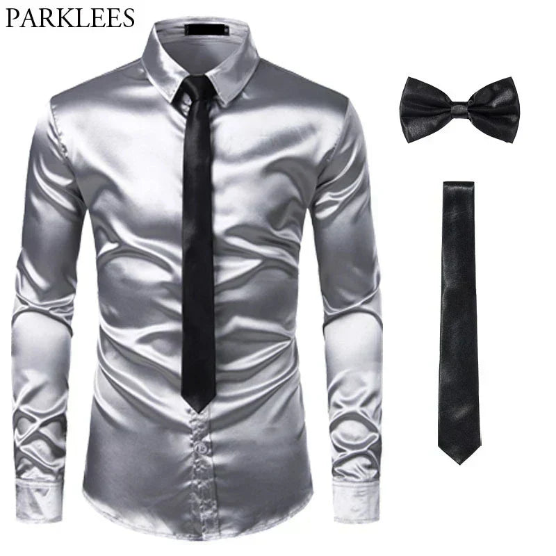 Silbernes Satinhemd mit schwarzer Krawatte und Fliege, Herrenmode, Slim Fit, Party-Outfit.