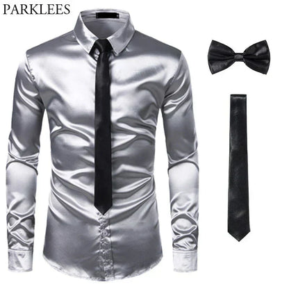 Silbernes Satinhemd mit schwarzer Krawatte und Fliege, Herrenmode, Slim Fit, Party-Outfit.