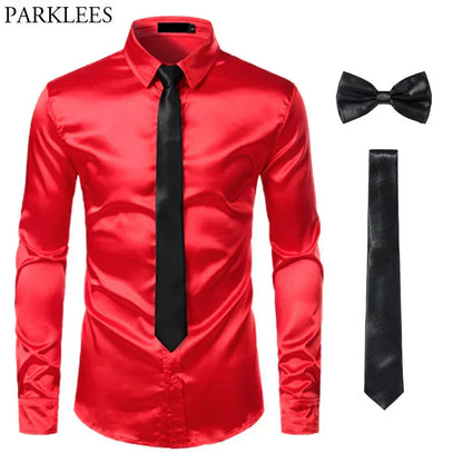 Rotes Seidenhemd mit schwarzer Krawatte und Fliege, Herrenmode, Slim Fit, Party-Outfit.