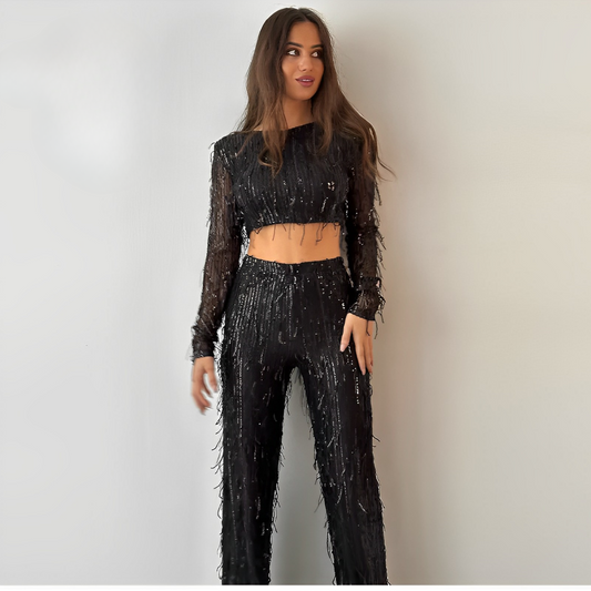 SUENTA Damen Zweiteiliges Damen-Set Langärmliges Crop-Top High-Waist-Hose Glänzendes Finish Schwarz