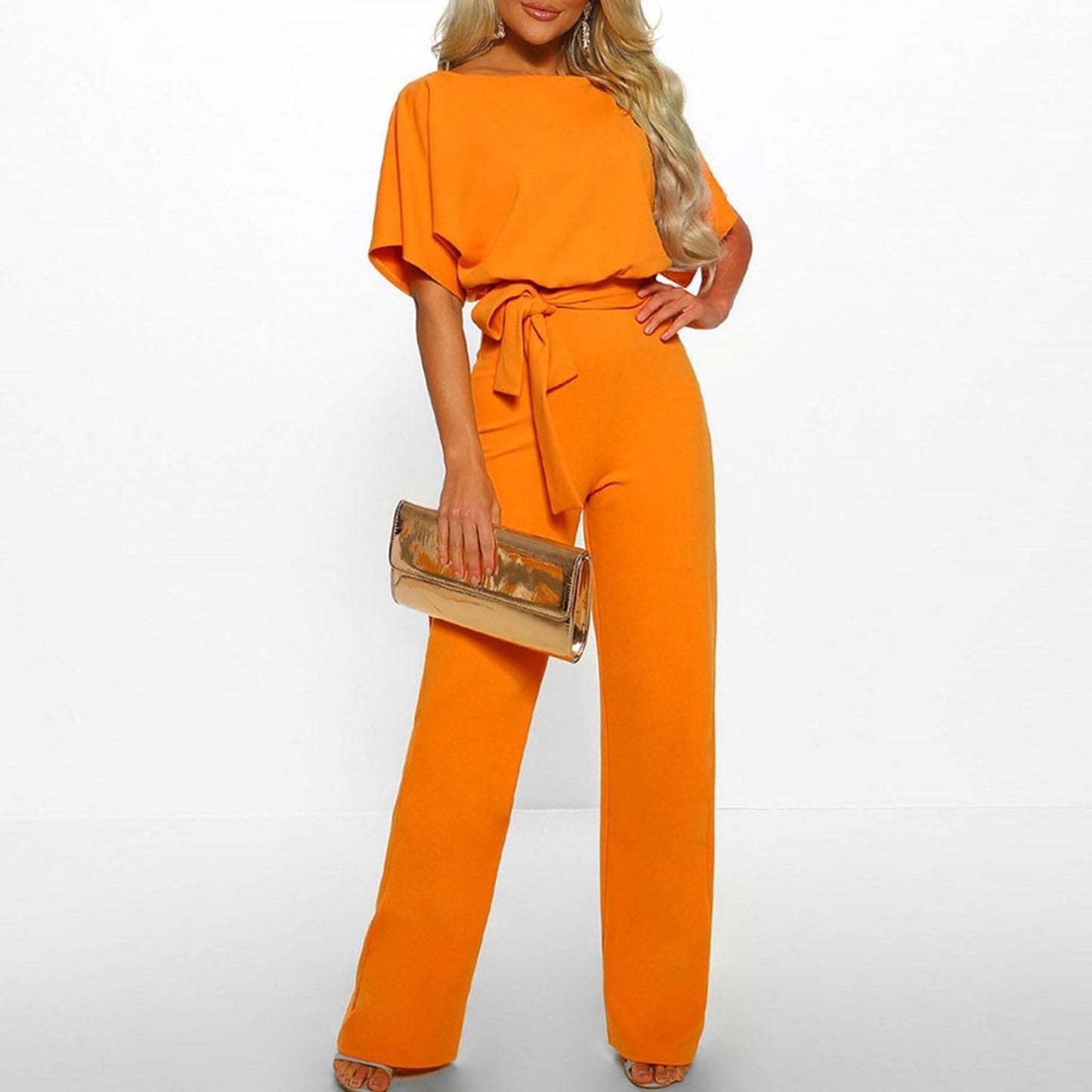 Weites Bein Jumpsuit Damen – Gürtel & Kurzarm